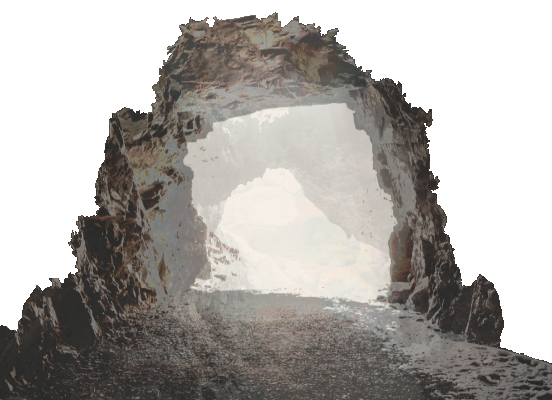 Photo collage of the interior of a rocky tunnel leading out into sunlight.